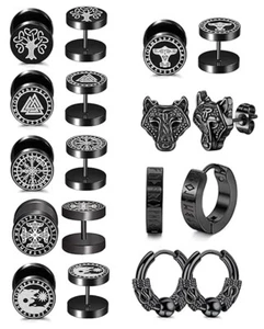 6-9 Paar Herren Wikinger Ohrringe Edelstahl Ohrstecker Huggie Hoop Wolf Runen Piercing - Bild 1 von 9