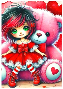 1/1 * VALENTINES DAY GIRL & BEAR * Custom ACEO * Novelty * HOLIDAY * Art Card - Picture 1 of 2