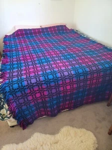 Authentic Welsh Vintage Fringe Woollen Blanket Pinks & Purples & Black 170 X236 - Picture 1 of 5
