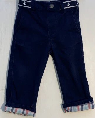 Nautica 男宝宝 12 个月裤子海军蓝弹性腰锚丝带格子袖口二手状况完好 — 第 1/4 张图片