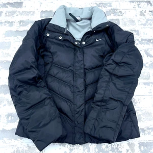 Vintage Nike Puffer Jacket Women Small Black Down Fill Y2K 2000s Swoosh Ladies - Picture 1 of 12