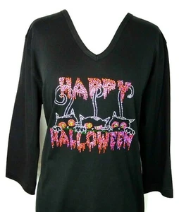 S M L or XL Rhinestone Happy Halloween Peeking Three Scared Cats Top - Picture 1 of 2