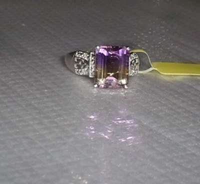 Anillo solitario octágono ametrino multicolor y diamantes, plata, talla 10, 6,04 (TCW Foto 1 de 4