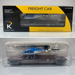 K-LINE O GAUGE 2009 Burlington Northern Santa Fe Flat Car Helicopter 6-22511 NOS - Picture 1 of 22