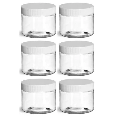 6 Clear PET 2 oz Plastic Containers + WHITE Caps | Lotion Jars, Dry Goods | USA - Image 1 of 3