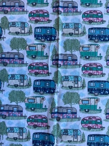 JOANN FABRIC~Flannel~SNUGGLE~Vintage Campers RV~FLORAL CLOUDS TREES~Hitch~43x67~ - Picture 1 of 4