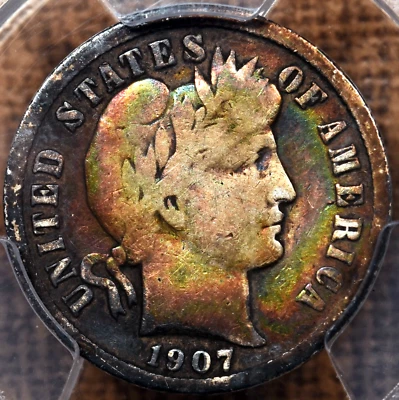 1907 Barber dime, PCGS VG08, Rainbow Circ Album Toner, Tough! DavidKahnRareCoins - Image 1 of 4