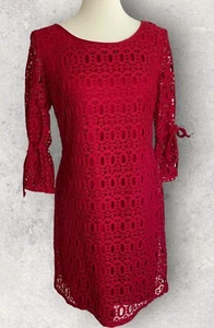 Karin Stevens Dress Womens 10 Red Crochet Lace Overlay Sheath Tie Sleeve - Picture 1 of 16