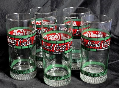 5 Coca Cola Coke Gläser 0,2 L mit grünem floralem Band - Bild 1 von 2
