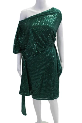 Grace Karin Womens Sequin Short Sleeve Zip Up 36"One Shoulder Dress Green Size M - Image 1 of 4