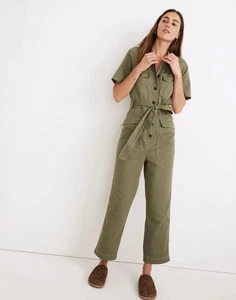Madewell Womens Tie Waist Military Jumpsuit XS Olive Green Belted Utility Cotton - Picture 1 of 10