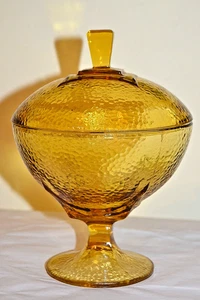 VINTAGE AMBER GOLD ART DECO LIDDED COMPOTE PEDESTAL BOWL DISH - Picture 1 of 11