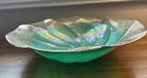 13" MINT GREEN,AQUA BLUE+GOLD 3D SPIRAL CENTERPIECE GLASS BOWL, PRE-OWNED - Picture 1 of 4