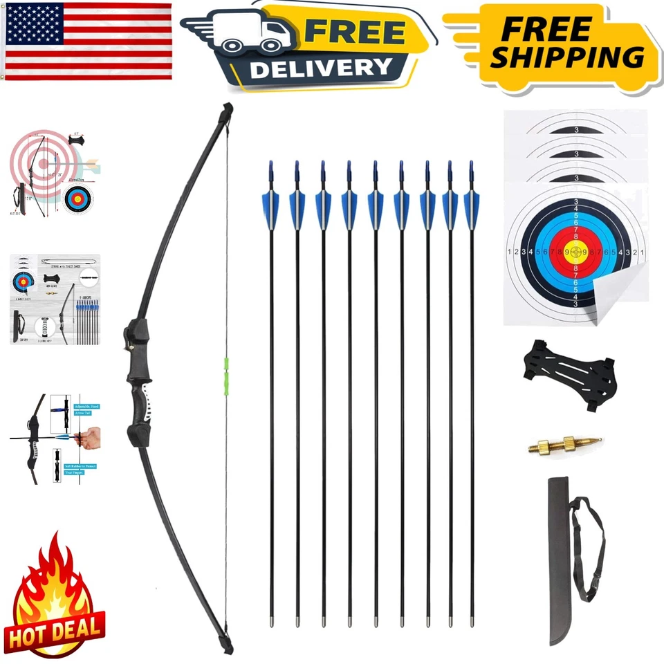 Recurve Bow 45 Inches and 9 Arrows Set Outdoor Archery 2 Target Face Paper 18 LB