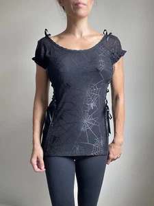 Lost Queen Goth Emo Spooky Spider & Spiderweb Black Mesh Lace up Top  - Picture 1 of 8