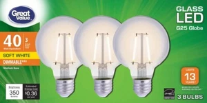 Great Value LED G25 Globe 40Watt Soft White Dimmable Medium Base Glass Bulbs 3pk - Picture 1 of 5