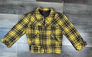 Vintage Yellow Black Plaid Cropped Wool Blazer Jacket Womens Size Medium - Picture 1 of 16