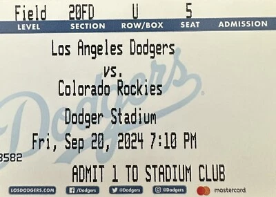 Dodgers vs Rockies (9/20/24) 7:10 pm Field 20FD Row: U Seat: 5-8 With parking. - Image 1 of 4