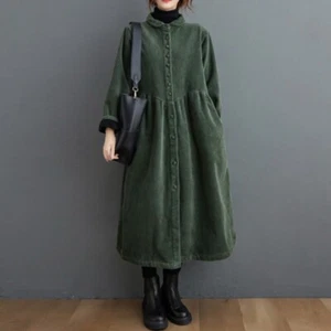 Womens Corduroy Button Down Lapel Collar Long Sleeves Trench Outwear Casual Coat - Picture 1 of 21