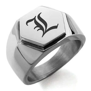 Stainless Steel Old English Monogram Letter L Mens Hexagon Crest Signet Ring - Picture 1 of 3