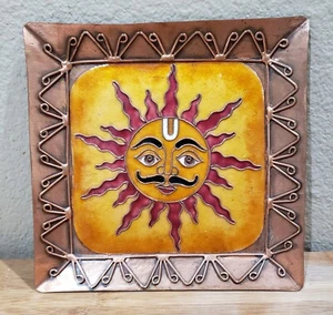 New Vintage Brass Handmade Sun Face Plate Wall Hanging Etching Square 8 inch - Picture 1 of 2