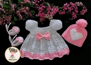 Newborn 0-3 Months Baby Girl Knitting Soft Wool  Crochet Fashion Pink Frock Hat - Picture 1 of 5