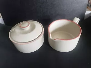 Vintage Japan Stoneware Sugar & Creamer SetOff White with Light Caramel Rim - Picture 1 of 7