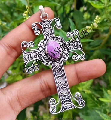 Purple Turquoise Gemstone 925 Sterling Silver Plated Sample Holy Cross Pendant - Изображение 1 из 3