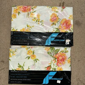 Fieldcrest Double Fitted And Flat Set Floral Vintage 70er Perkal NEU - Bild 1 von 3