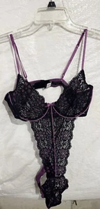 Seduction By Frederick’s Of Hollywood Black/Purple Lace TEDDY Thong Large NWOT - Picture 1 of 12