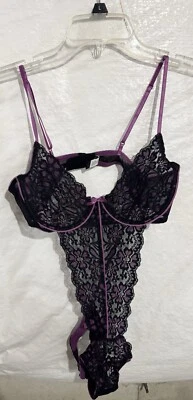 Seduction By Frederick’s Of Hollywood Black/Purple Lace TEDDY Thong Large NWOT - Image 1 of 4