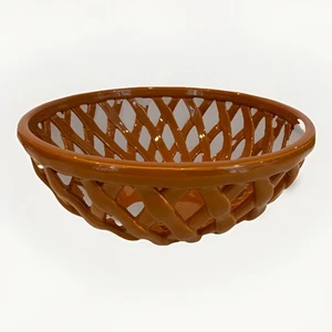 Modern Farmhouse Ceramic ORANGE Basketweave Bread Basket Fruit Bowl 9” Round - Picture 1 of 8