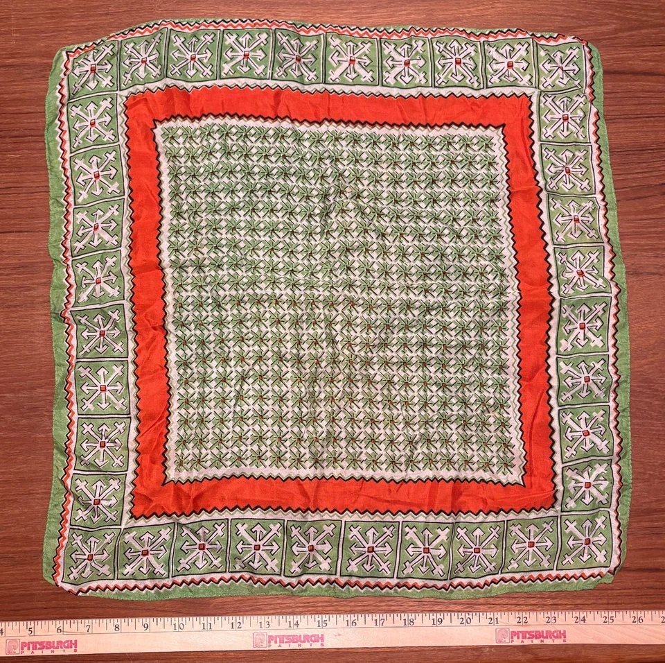 vintage square scarf green and red geometric design - Image 1 of 1