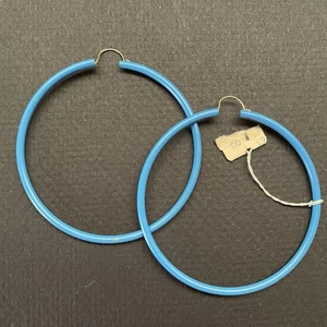 Big 2.25” Hoop Earrings Vintage 1970s 80s Mod Hippie Bright Blue Statement - Picture 1 of 2