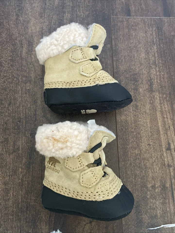 NEW SOREL CARIBOOTIE NEWBORN BOOTIES SHOES BOOTS tan INFANTS BOYS GIRLS  SIZE 1 - Image 1 of 4