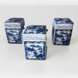 3 Antq Chinese Porcelain Qianlong Mark Blue White Landscape Covered Tea Caddies - Picture 1 of 10