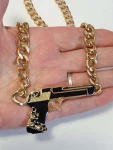 Cool Looking Gold Tone Chain Black Western Pistol Gun Modernist Necklace, UNISEX - Picture 1 of 5