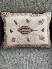 Beach House Needlepoint Pillow Sea Shells Cushion with Leopard Print Frame 14x18