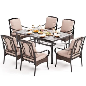7 Piece Patio Dining Set Rattan Wicker Dining Chair & Table with Umbrella Hole - Picture 1 of 9