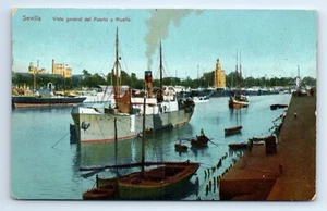 Sevilla Spain Steamer Ships in Port Docks Divided Back Postcard c.1910 Unused - Picture 1 of 2