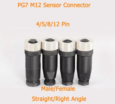 PG7 M12 Sensor Connector 4/5/8/12 Pin Male/Female Straight/Right Angle Plug IP67 - Image 1 of 4