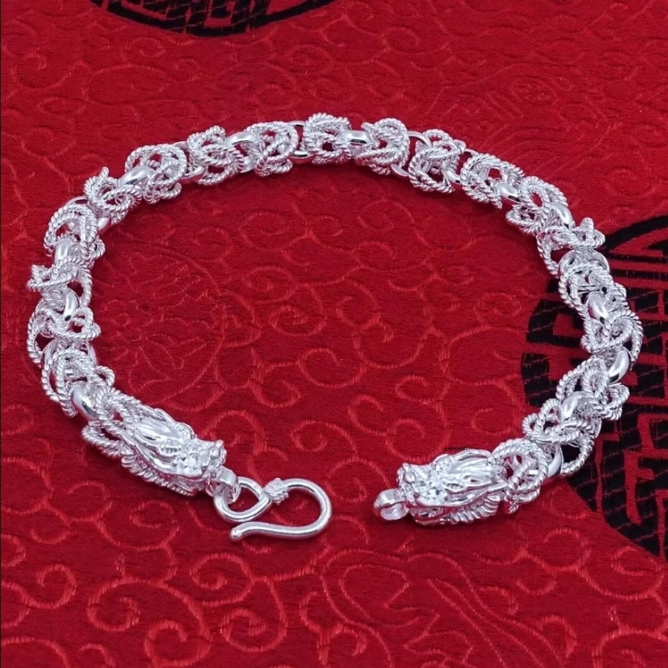Pure 999 Fine Silver Men Women Dragon Head 7.5mm Byzantine Bracelet 30-31g/9inch - Image 1 of 4