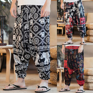 US STOCK Mens Retro Floral Harem Pants Casual Gypsy Baggy Drop Crotch Trousers
