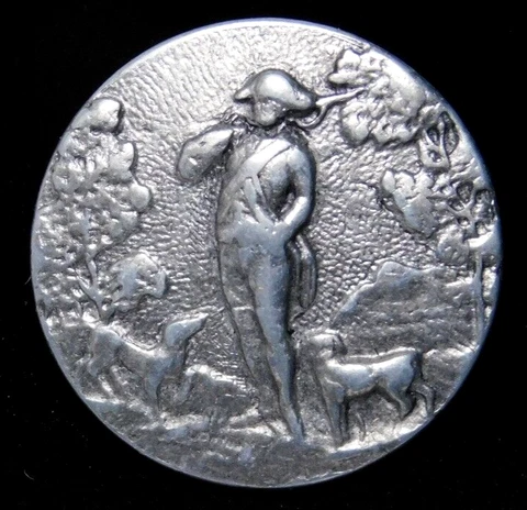 Vintage White Metal Hunstman & His Dogs BUTTON NICE Cover