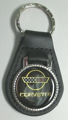 Black Chevrolet C4 CORVETTE Black Leather 32D3 Chrome Key Ring 1984 1985 1986  - Image 1 of 4