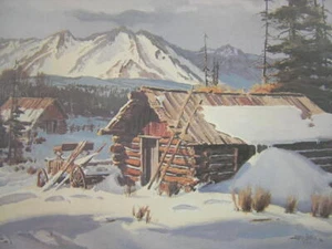 James Boren Winter in the Rockies Rocky Mountain Log Cabin Signed Art Print - Picture 1 of 1