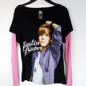 Justin BIEBER Shirt NEW Girl’s 14/16 Black Pink Long Sleeve Layered Look T-Shirt - Picture 1 of 4