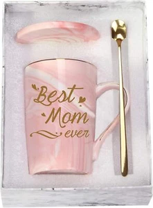 Best Mom Ever Coffee Mug Set Pink Handmade Gift With Golden Spoon And Coaster - Picture 1 of 7