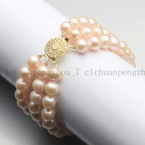 Beautiful 3 Rows Natural 7-8mm Pink Freshwater Pearl Bracelet 7.5'' - Picture 1 of 3