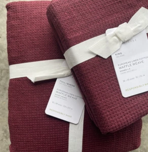 Pottery Barn European Flax Linen Waffle Full/Queen Duvet Cover + 2 Shams Merlot - Picture 1 of 4